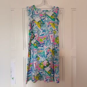 Vibrant Postcard Print Midi Dress in Aqua & Pink